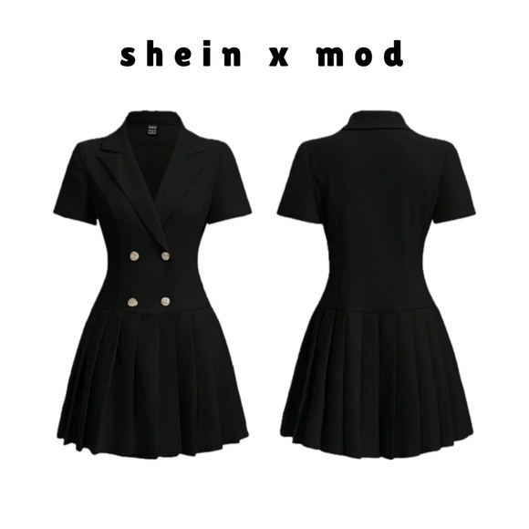 🆕 shein x mod x black collar lapel pleated double breasted black mini dress - Picture 1 of 16
